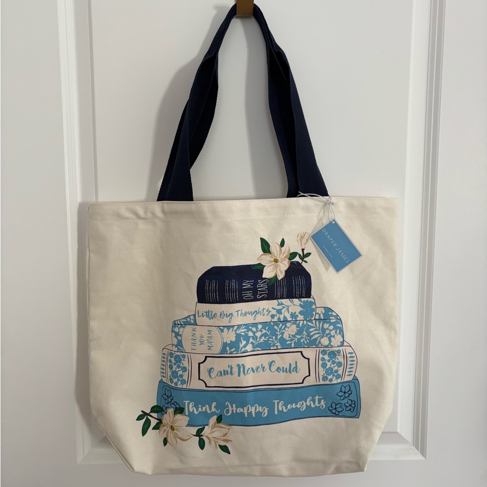 Canvas Bookstack Tote Bag with Navy Handles by Draper James